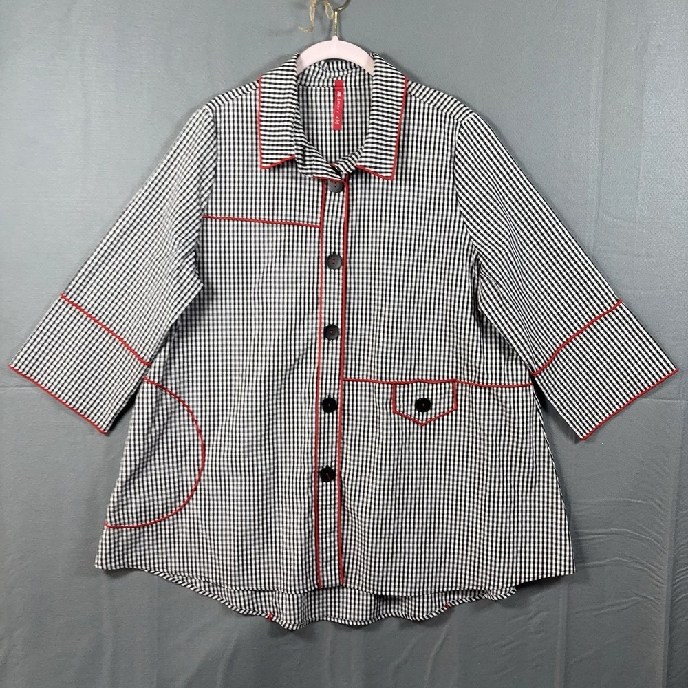 IC BY CONNIE K Gingham Check Tunic Womens XL Black White Pockets Lightweight
